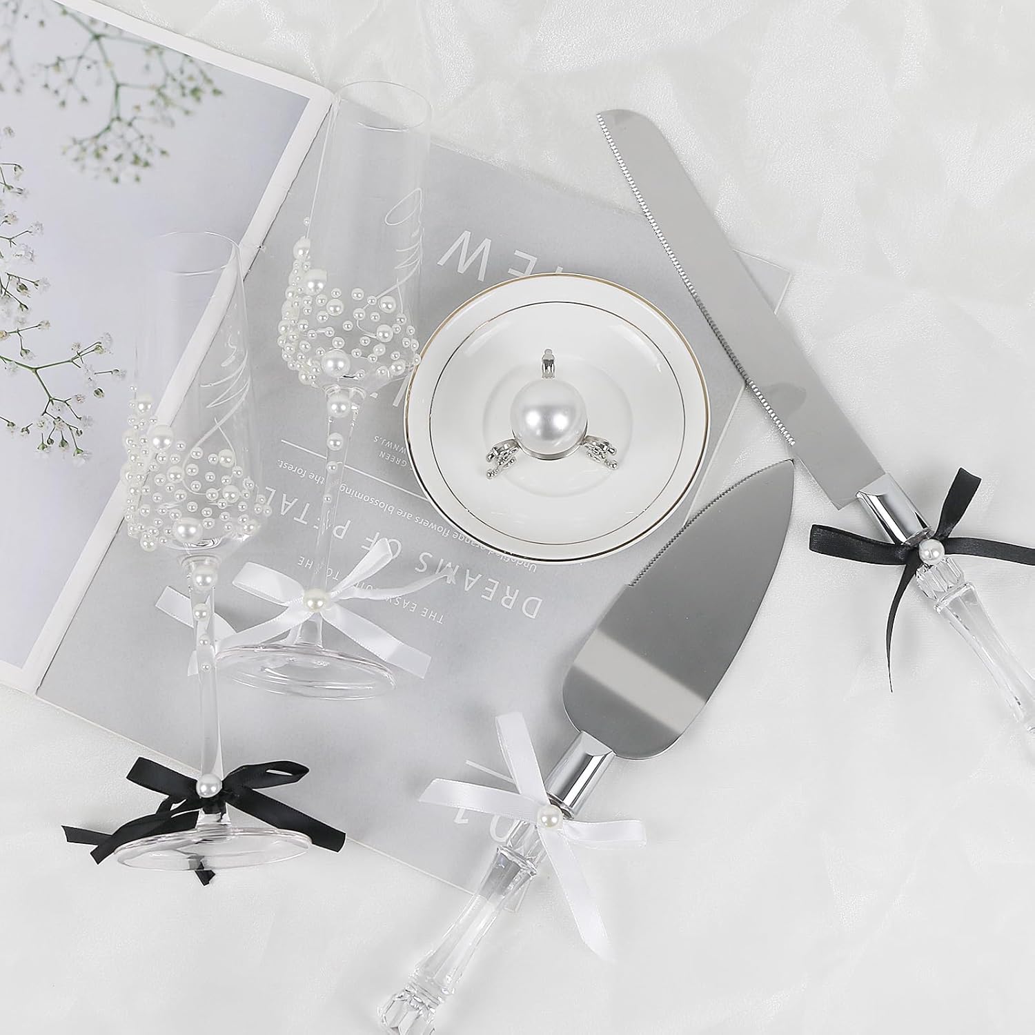 Wedding Toasting Flutes and Cake Server Set of 4 – Champagne Glasses and Knife Server Set, Bride and Groom Wine Glasses and Cake Knives Set Gifts for Bridal Shower Anniversary Engagement Chirstmas