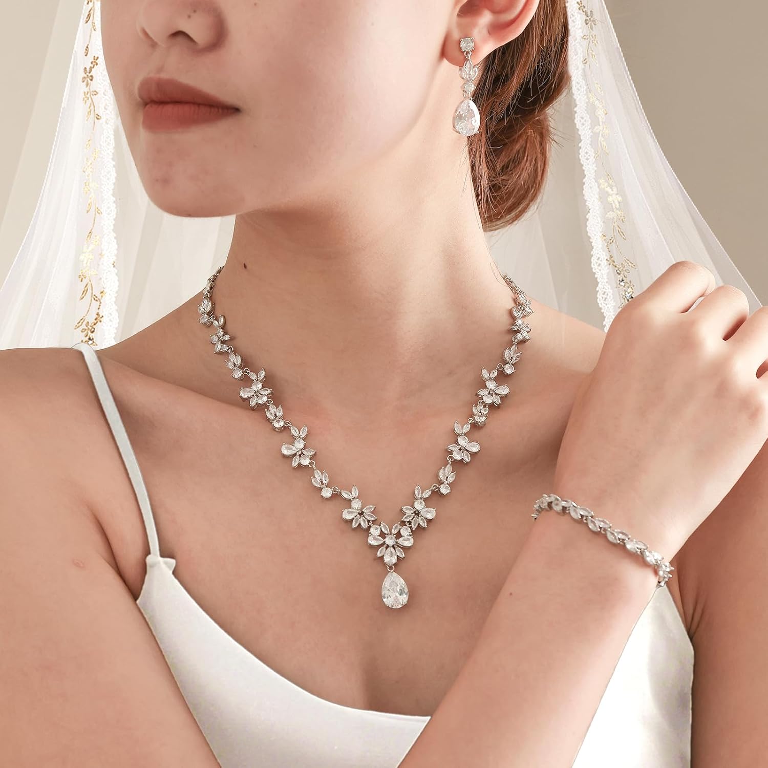 Hadskiss Jewelry Set for Women, Necklace Dangle Earrings Bracelet Set with White AAA Cubic Zirconia, Allergy Free Wedding Party Jewelry for Bridal Bridesmaid