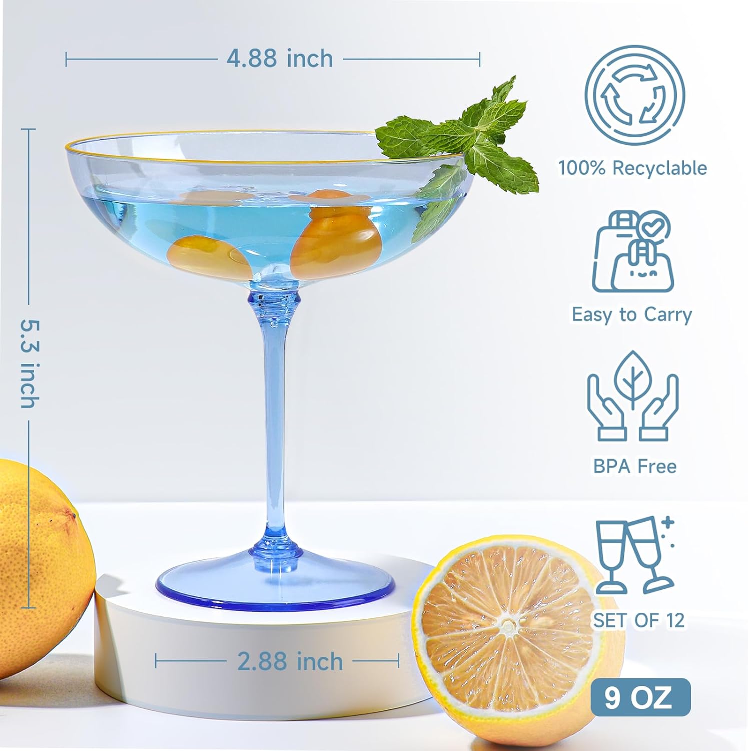 Detachable Martini Glasses 9oz Plastic Blue Champagne Coupe Glasses Gold Rim Hand Blown Vintage Cocktail Glassware Set Unique Martini Glass For Wine Wedding (24, Clear Blue)