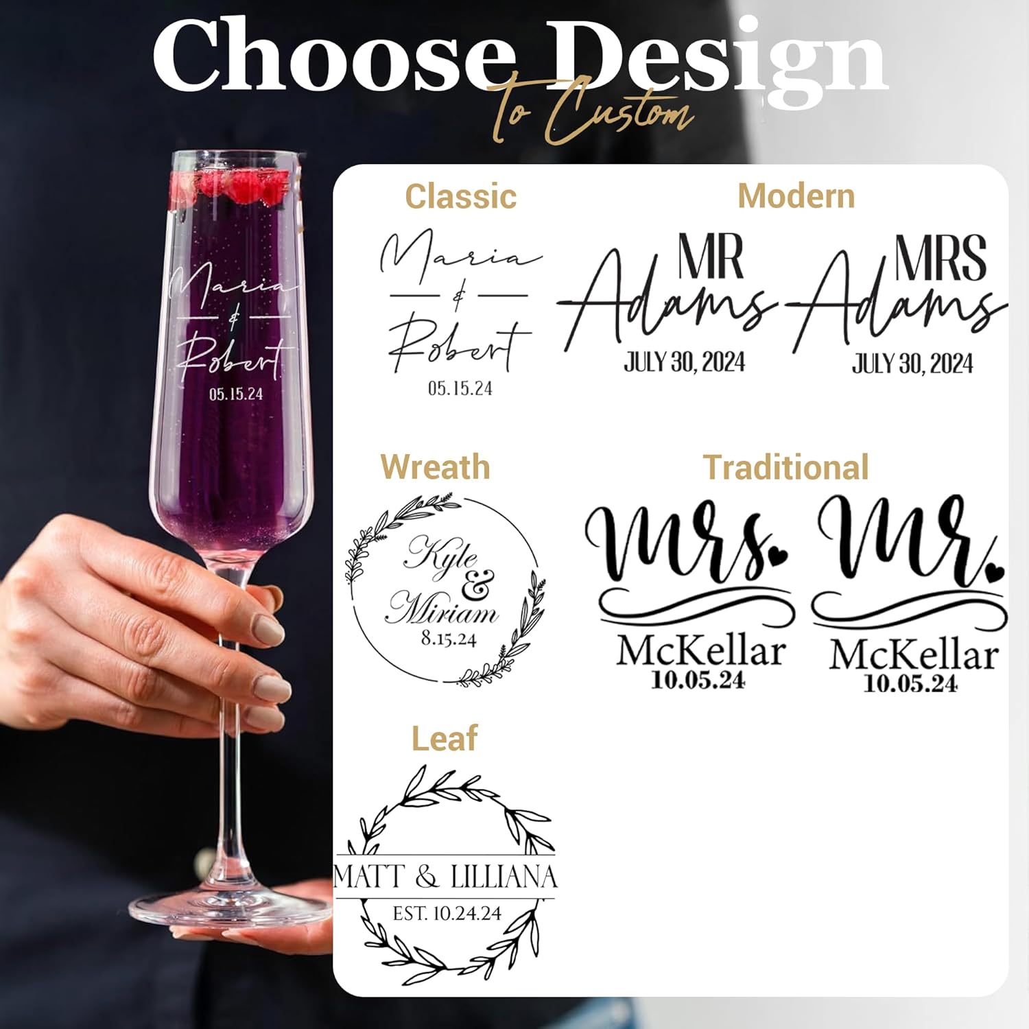 Personalized Wedding Champagne Flutes, Mr and Mrs Toasting Glasses for Bride and Groom, Engraved Name & Date, Customized Gifts for Couples, Husband and Wife, Newlyweds, Engagement, Wedding Favors