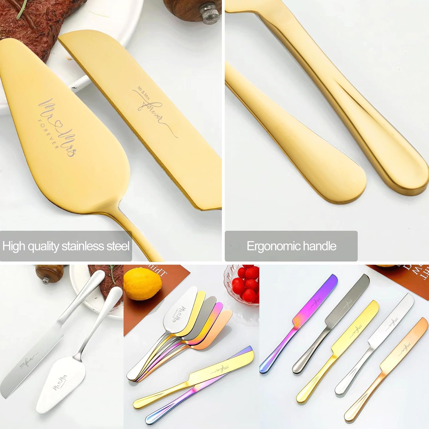 Wedding Cake Knife and Server Set, Bride and Groom Champagne Glasses and Gold Cake Cutting Set for Wedding, Cake Cutter and Champagne Flutes Glass for Mr and Mrs Gifts for Coples (Gold)