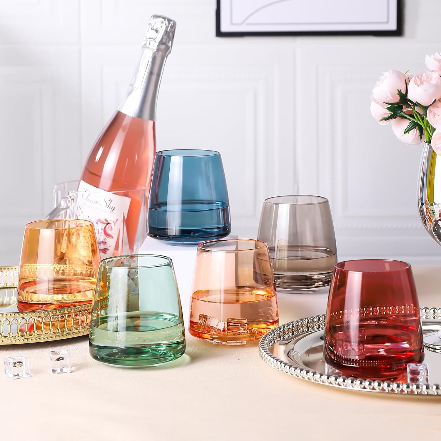 Stemless Colored Wine Glasses Set of 6-14oz Crystal Colorful Wine Glasses-Unique Hand Blown Muticolor Wine Glass Wedding gift set for wine lovers