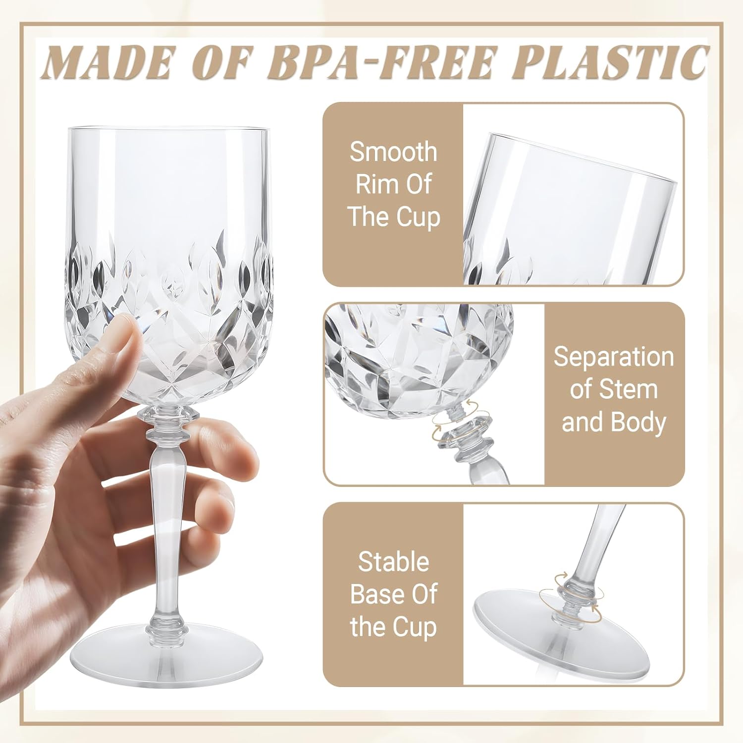 Detachable Plastic Wine Glasses 12oz (Set of 12, Clear), Unbreakable Reusable BPA-Free Vintage Goblets Stemmed Drinking Glasses, for Weddings Parties Events, Diamond-Cut Design