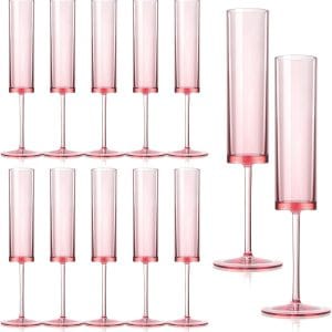 12 Pieces Pink Champagne Flutes 6 OZ Acrylic Reusable Wedding Toasting Glasses Stemmed Coupes Square Champagne Glasses Rose Bride Wine Glasses For Party Birthday Christmas Anniversary Wedding