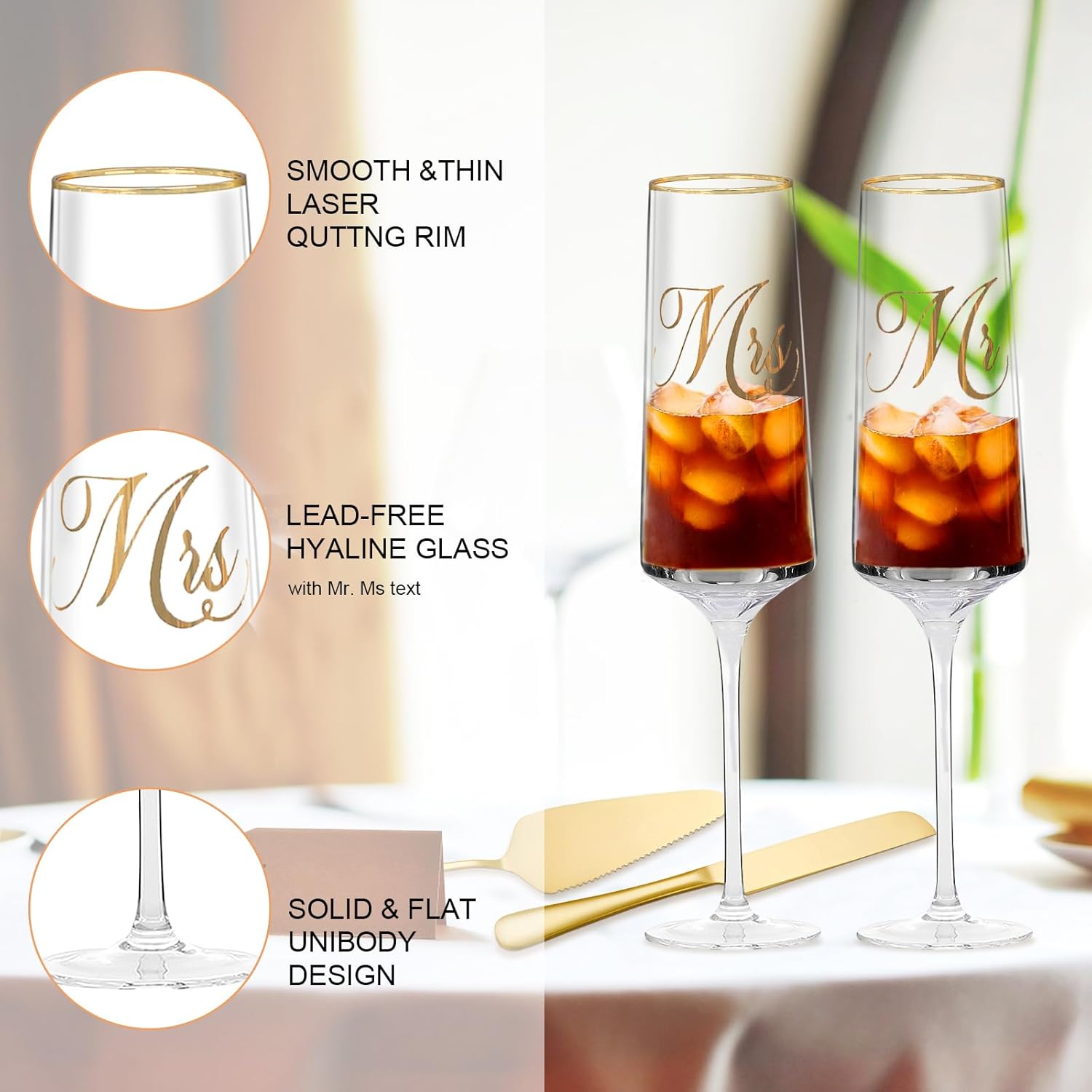 Mr and Mrs Champagne Flutes, Wedding Cake Cutting Set of 6, Bride and Groom Champagne Glasses, Wedding Cake Knife and Server Set, Bridal Shower Gift, Engagement for Couple Newlyweds