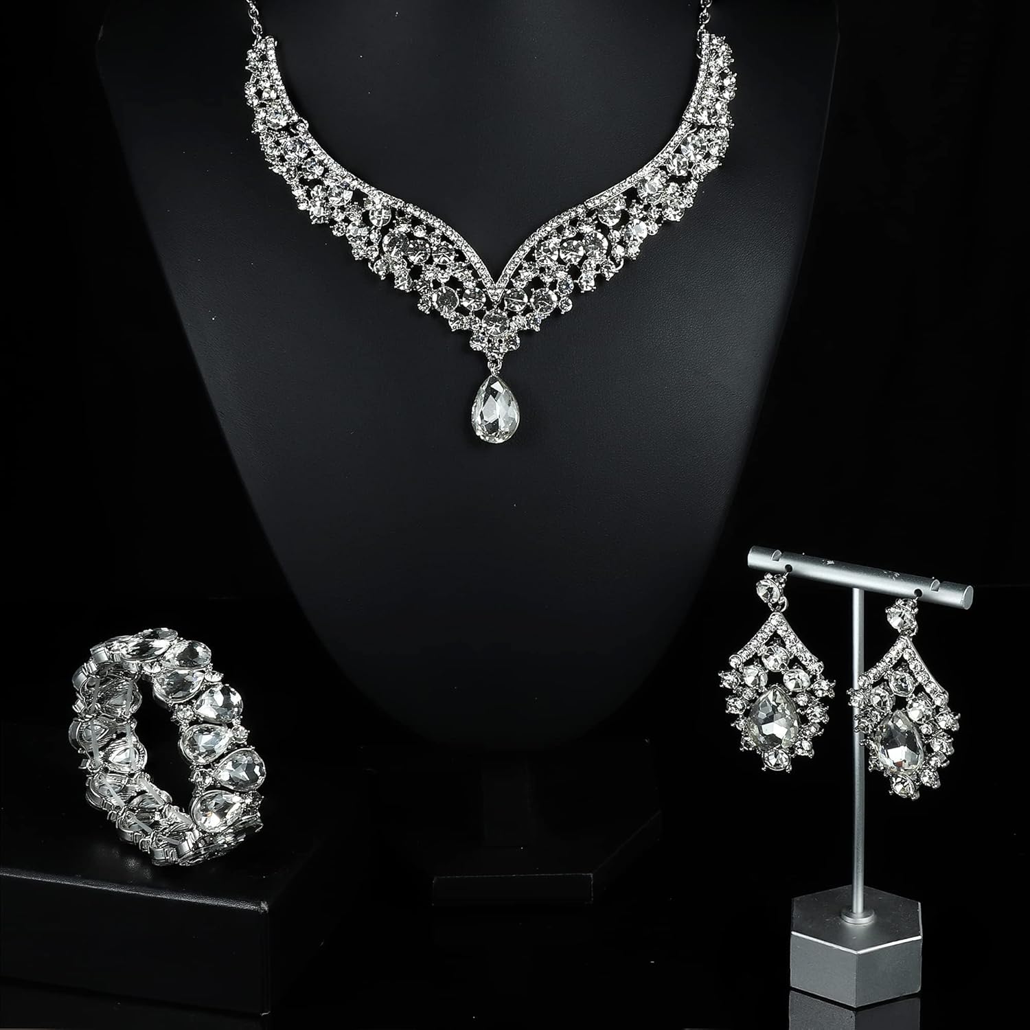 IRONBOX Crystal Wedding Bridal Jewelry Set for Women Prom Sliver Rhinestone Teardrop Necklace Earrings Bracelet Wedding Bridesmaid Gifts Fit with Wedding Dress