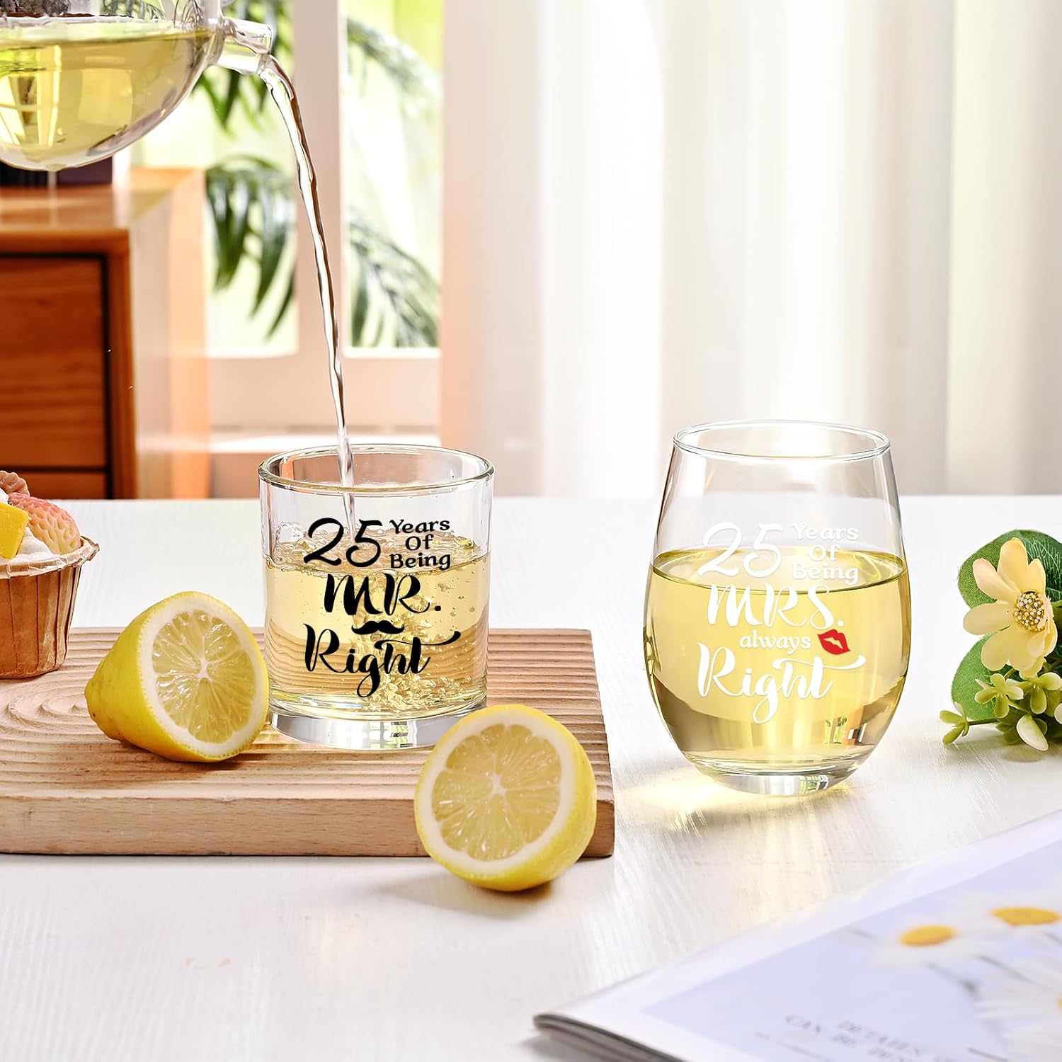 Futtumy 25th Anniversary Glass Gifts Set, 25 Years of Being Mr Right & Mrs Always Right 17oz Wine 10oz Whisky Glass, 25th Wedding Anniversary for Wife Husband Couple Parents Grandparents Friends