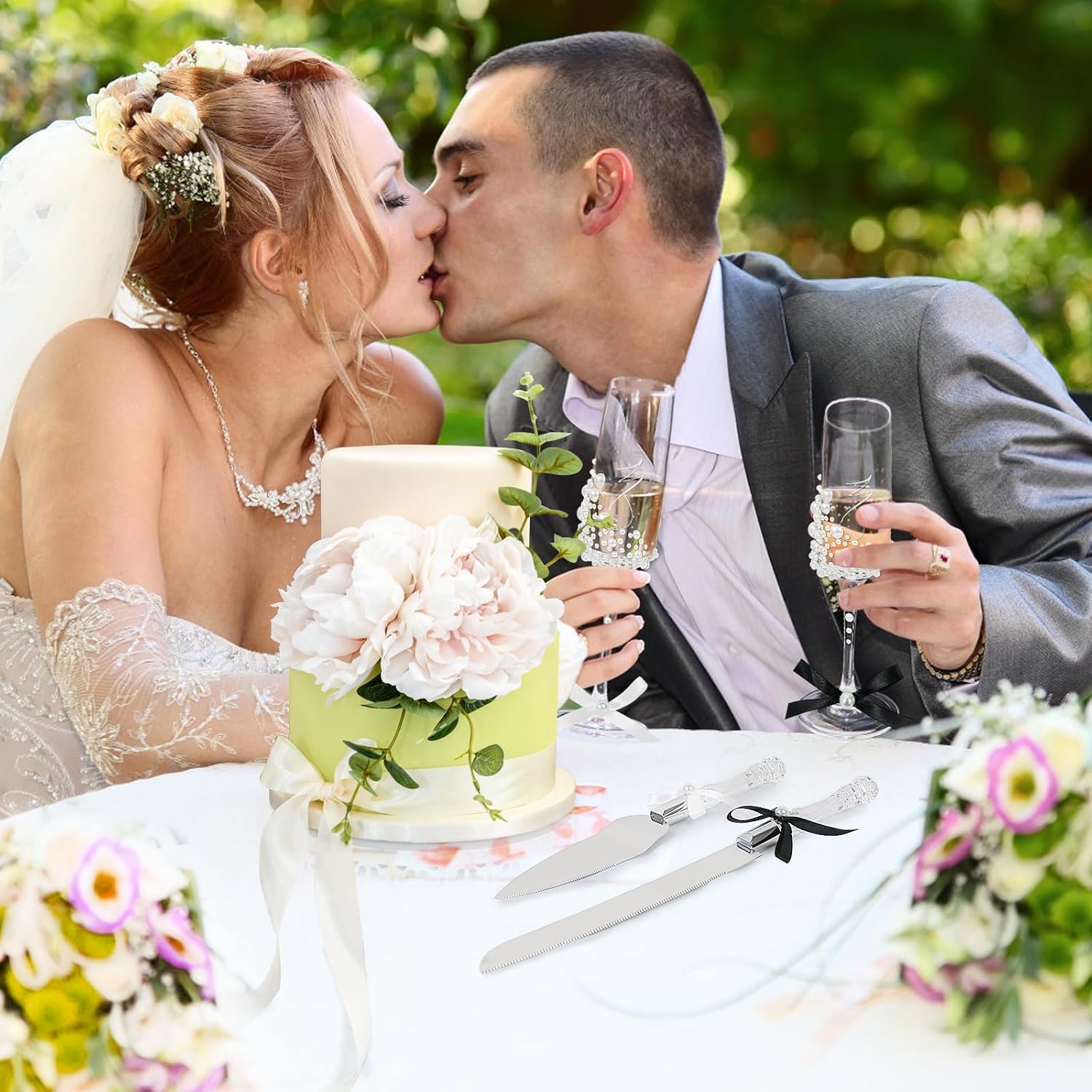 Wedding Toasting Flutes and Cake Server Set of 4 – Champagne Glasses and Knife Server Set, Bride and Groom Wine Glasses and Cake Knives Set Gifts for Bridal Shower Anniversary Engagement Chirstmas