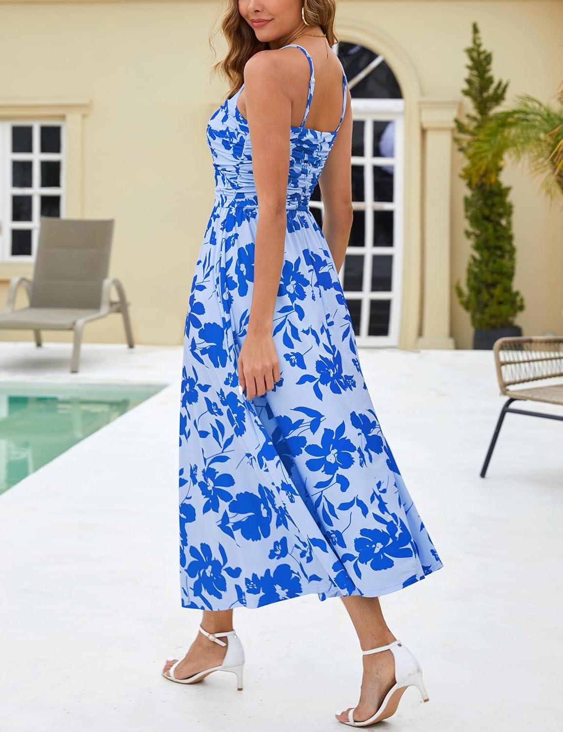 Annebouti Women 2025 Summer Fall Ruched Maxi Dress Adjustable Spaghetti Strap Floral Beach Long Sundress with Pockets