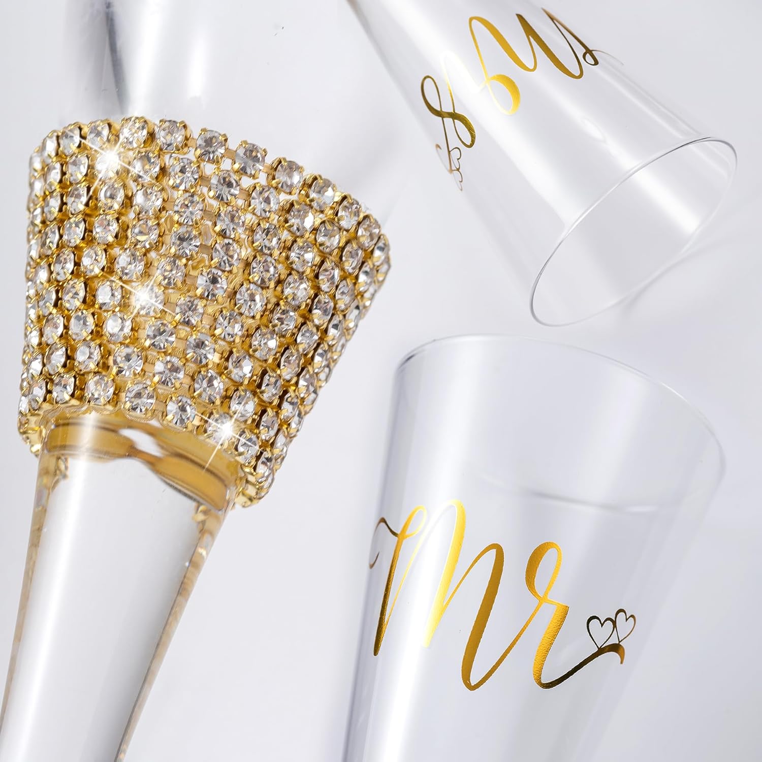 Wedding Cake Knife and Server Set, Bride and Groom Champagne Glasses and Gold Cake Cutting Set for Wedding, Cake Cutter and Champagne Flutes Glass for Mr and Mrs Gifts for Coples (Gold)