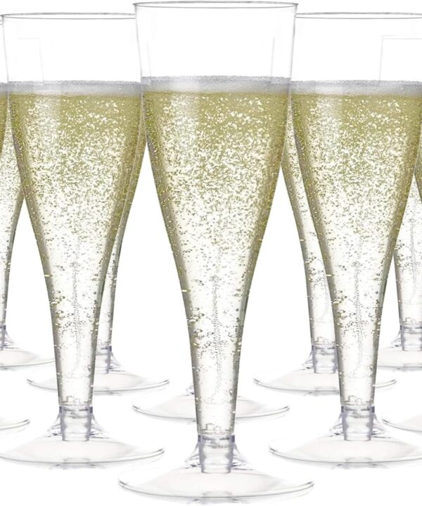 Prestee 100 Pack Clear Plastic Champagne Flutes - 4.5 oz Durable Disposable Champagne Glasses for Parties, Weddings, Toasting and Large Celebrations - Elegant Wine Glasses Stemware for Easy Cleanup