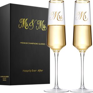 Mr and Mrs Wedding Champagne Flutes with Long Stem,Bride and Groom Toasting Crystal Glass Set, Bridal Shower Gift, Engagement Gifts for Couples, Newlyweds, Anniversary