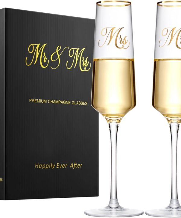 Mr and Mrs Wedding Champagne Flutes with Long Stem,Bride and Groom Toasting Crystal Glass Set, Bridal Shower Gift, Engagement Gifts for Couples, Newlyweds, Anniversary
