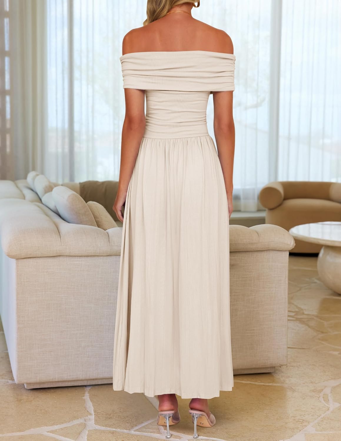 ZESICA Women’s Off The Shoulder Maxi Dress 2025 Summer Sleeveless Casual Slim Swing Pleated Formal Party Dresses