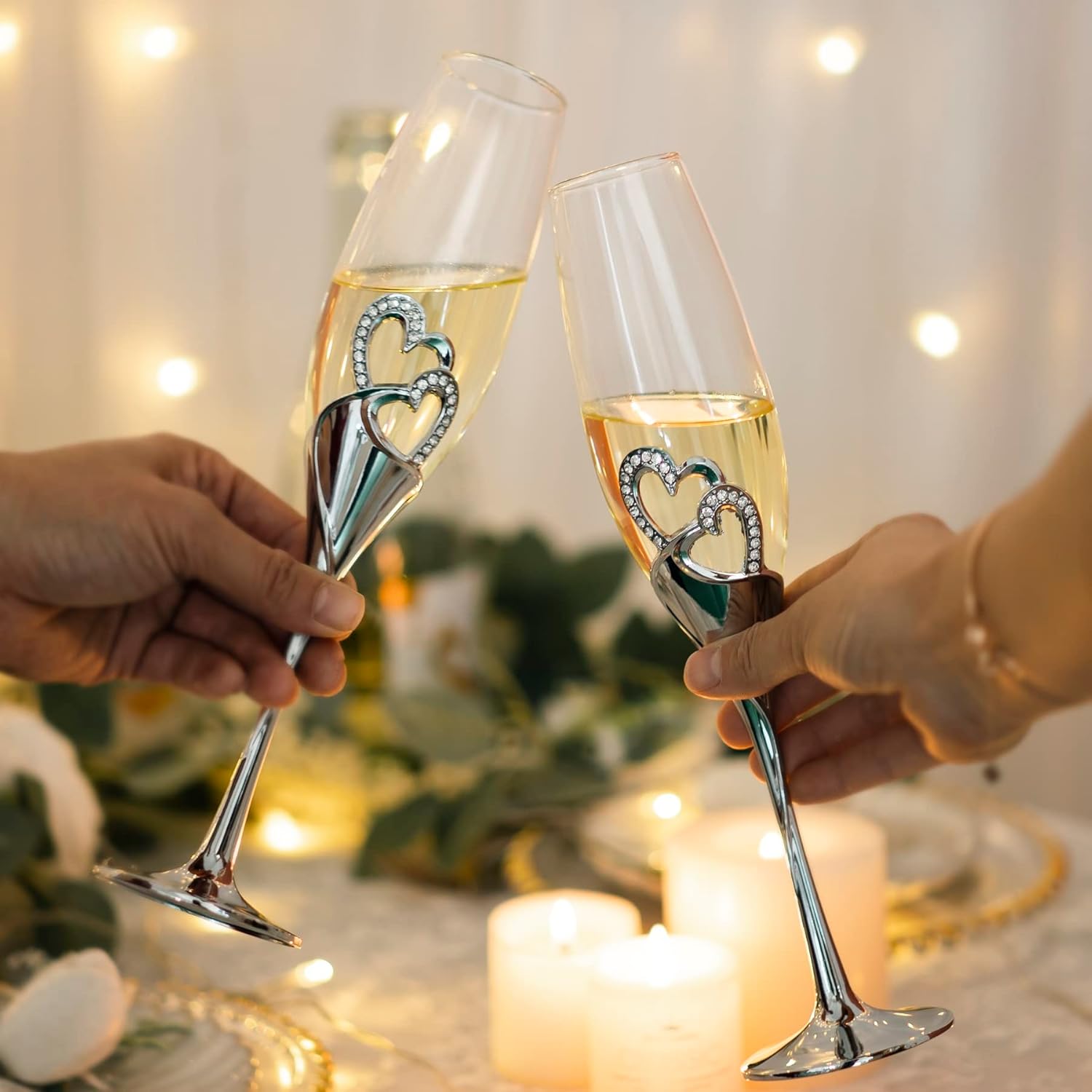 LANLONG Wedding Champagne Goblets Toasting Flute Glasses for Bride and Groom Creative Deluxe Glass Cups with Rhinestone Rimmed Heart Decoration Gift Set