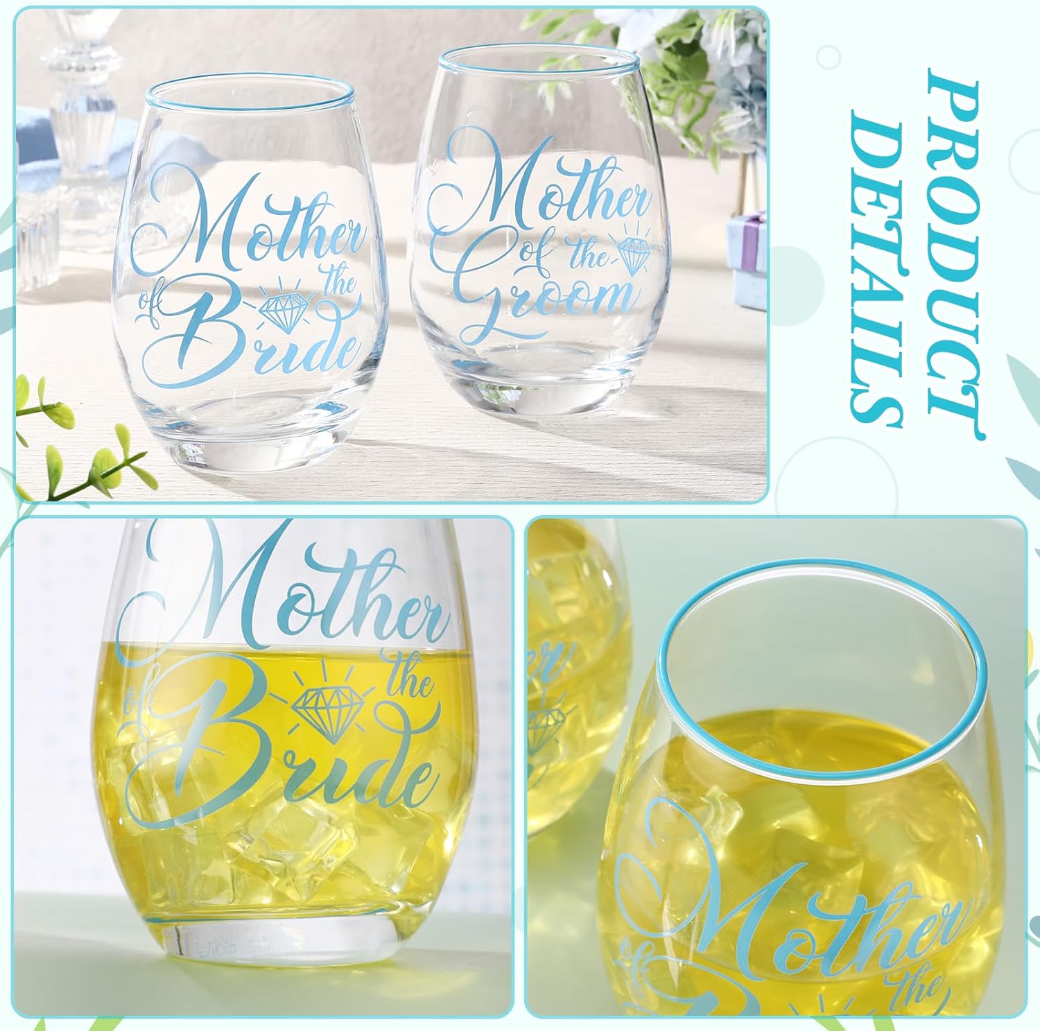2 Pcs Mother of the Bride and Groom Gifts Wine Glasses Drink Cup 15 Ounce Stemless Wedding Toasting Glass Tumbler Wedding Proposal Gift for Mother (Blue)
