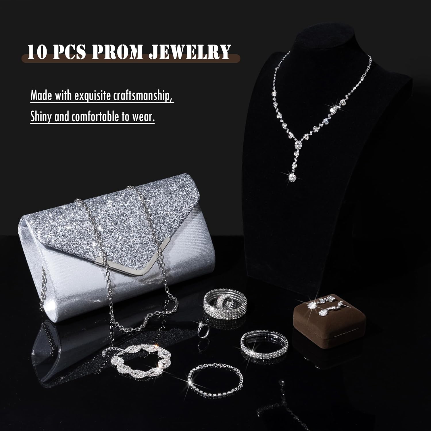 10Pcs Silvery Rhinestone Jewelry Set for Women Bride Wedding Prom Jewelry Evening Rhinestone Sparkly Clutch Purse Bag Necklace Tennise Layered Bracelets CZ Ring Crystal Drop Earring Set Silvery Shiny Costume Kit