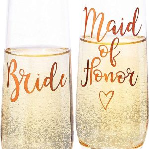 Juvale Rose Gold Stemless Champagne Flutes - 2 Count, 9.8 oz, Rose Gold Glossy Glass - Bridesmaid & Bride Gift Set, Bridal Shower & Wedding Gifts