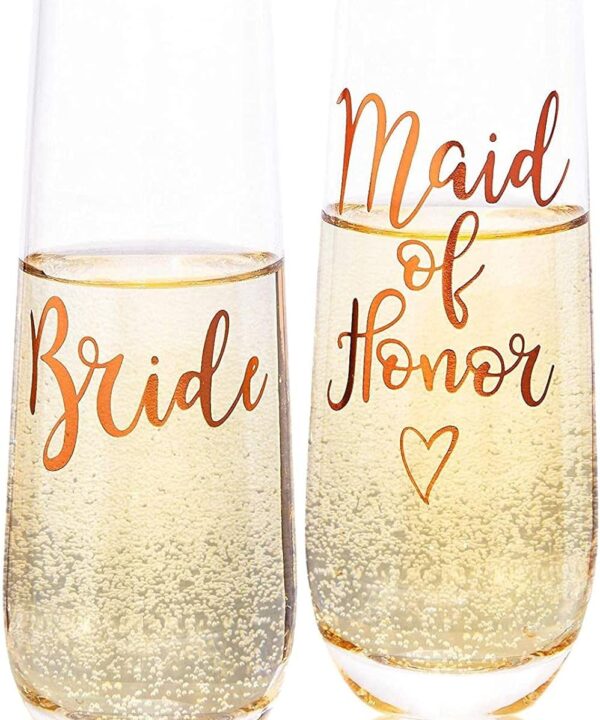 Juvale Rose Gold Stemless Champagne Flutes - 2 Count, 9.8 oz, Rose Gold Glossy Glass - Bridesmaid & Bride Gift Set, Bridal Shower & Wedding Gifts