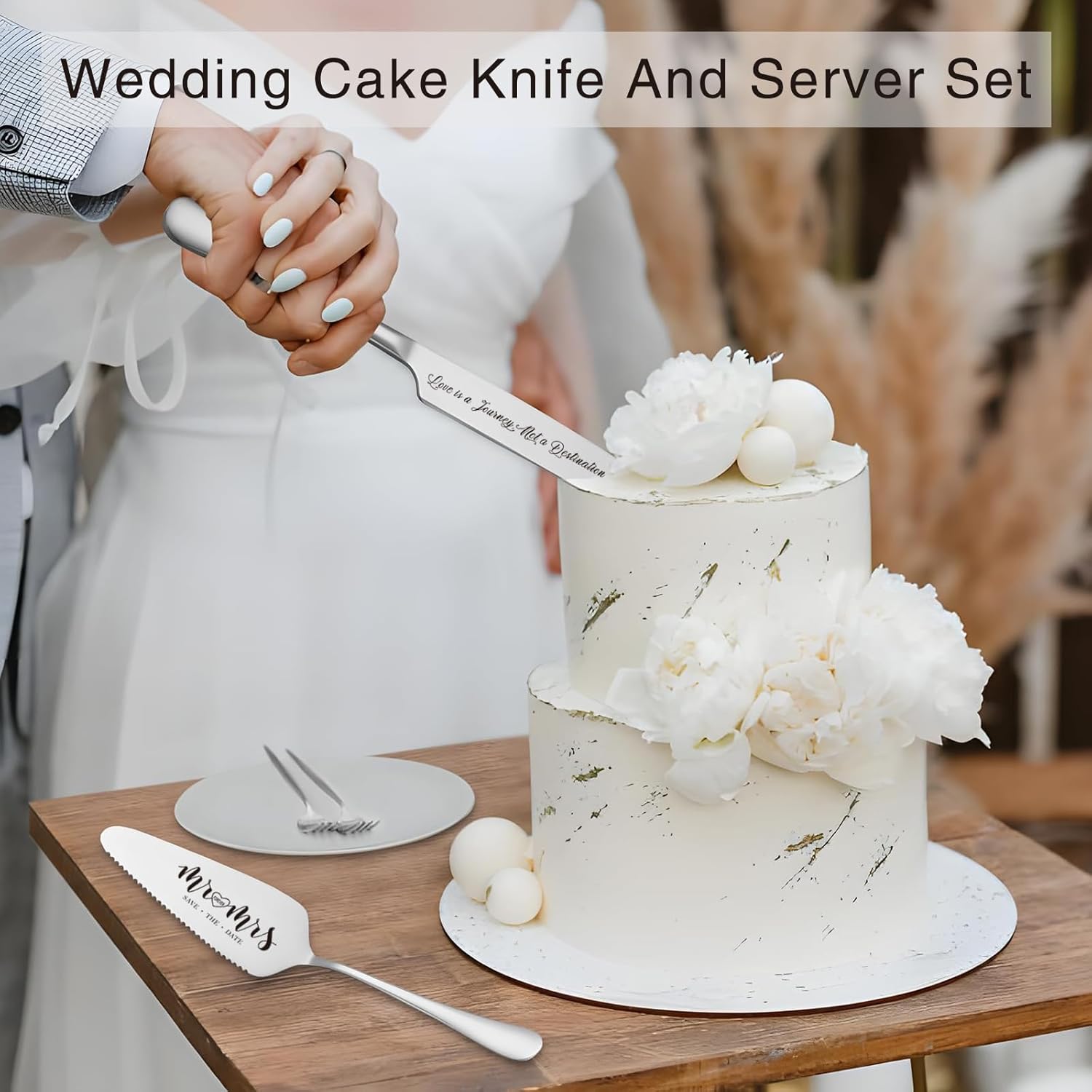 Engraved Mr and Mrs Champagne Flutes with Wooden Sign Set,Toasting Glasses for Bride and Groom,Wedding Cake Knife and Server Set with Just Married Banner for Reception and Ceremony