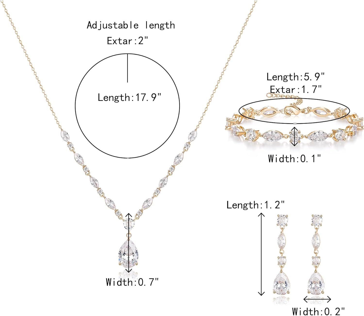 Crysdue Teardrop Bridal Jewelry Set for Wedding Party, Silver/14K/Rose Gold Plated Prom Costume Jewellery for Bride Bridesmaids Women, Cubic Zirconia Necklace Dangle Earrings Bracelet