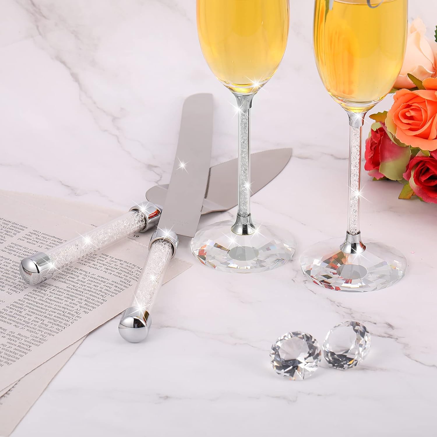 4 Piece Wedding Cake Knife and Champagne Flutes Server Set Mr and Mrs Toasting Flutes Crystal Rhinestone Cake Cutting Set for Bride and Groom Wedding Engagement Bridal Shower Gifts(Silver)