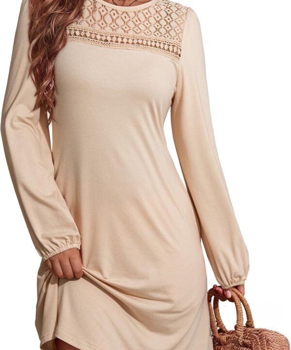 Dokotoo Fall Dresses for Women 2025 Crew Neck Long Sleeve A Line Shift Dress Solid Color Loose Fit Mini Dress