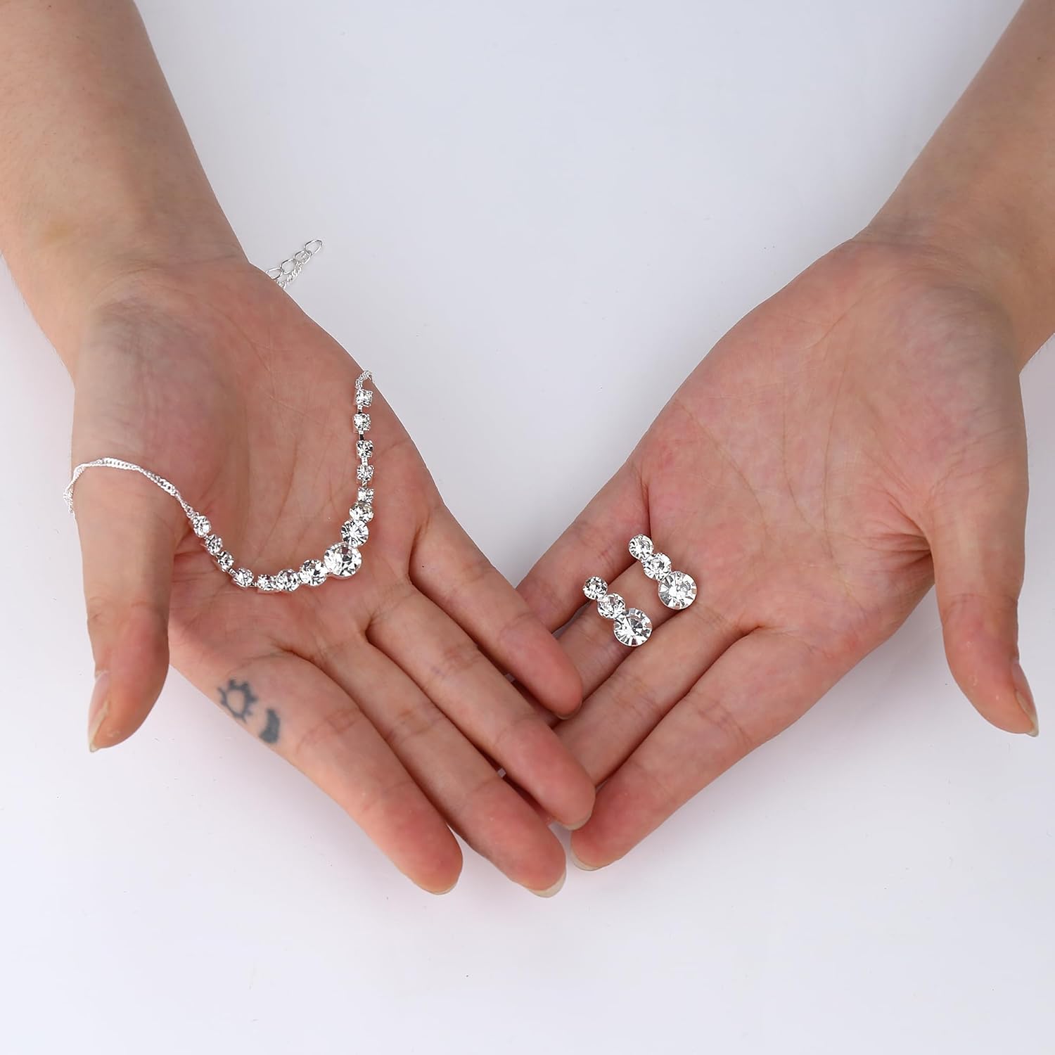 Jstyle Silver Plated Jewelry Set for Women Rhinestone Crystal Necklace Drop Earrings Link Bangle Bracelet Bridal Wedding Jewelry Sets for Brides Bridemaid Prom Costume Accessories