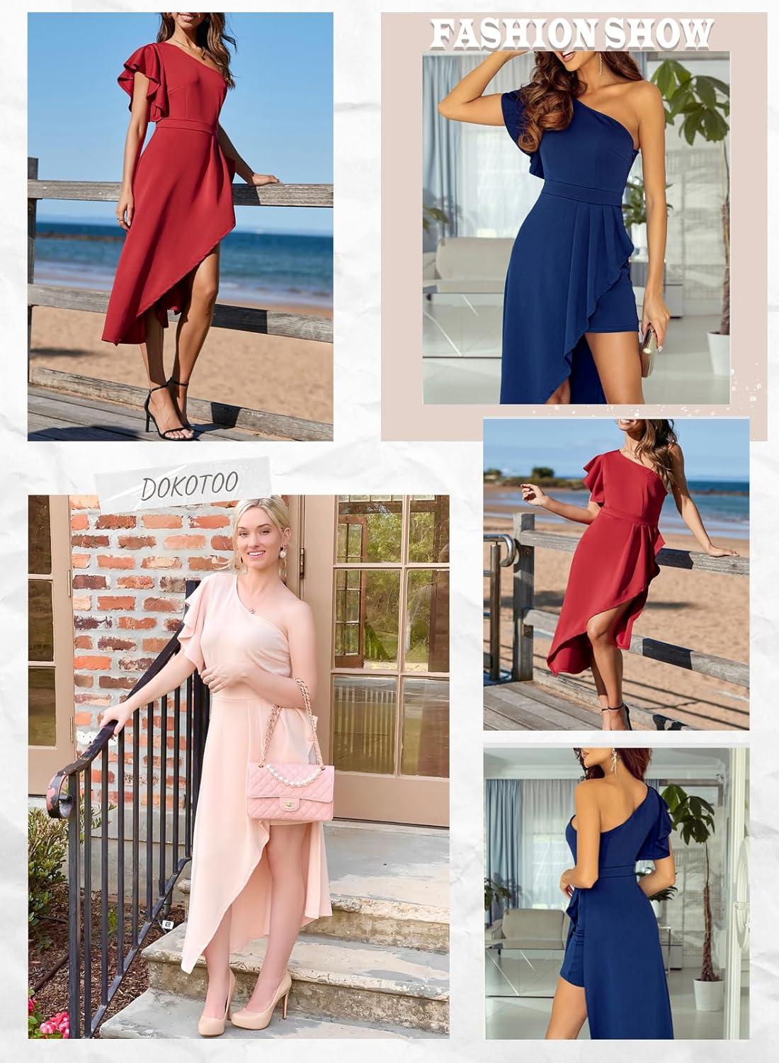 Dokotoo Womens One Shoulder Sleeveless Ruffle Empire Waist Asymmetrical High-Low Bodycon Formal Wedding Guest Midi Dresses