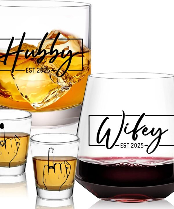 Wedding Gifts 2025 -Hubby & Wifey Wine&Whiskey Glass Set,Mr and Mrs Gifts - Anniversary Wedding Gift for Couple,Unique Bridal Shower Gift,Bride and Groom Shot Glasses