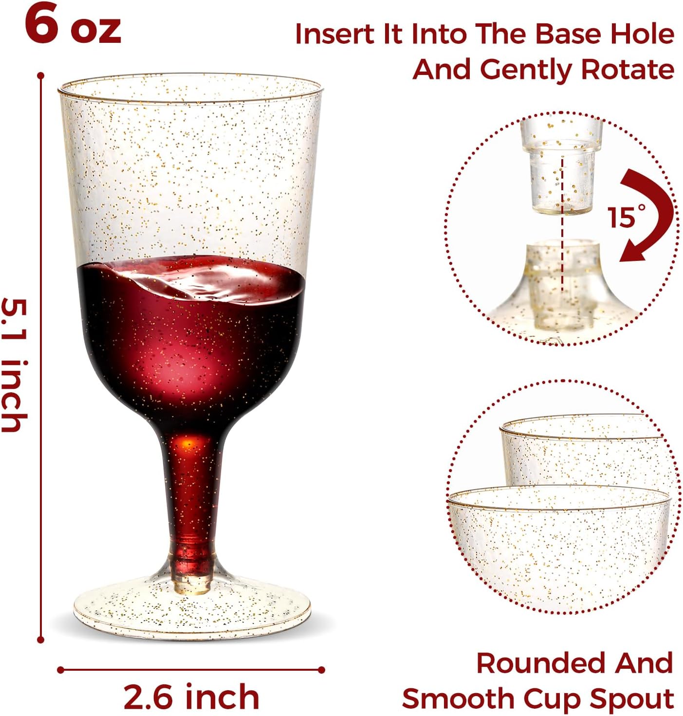 30 Pack 6oz Plastic Wine Glasses Disposable Gold Glitter Mini Stemware with Removable Base for Weddings, Parties, Champagne, Toasting