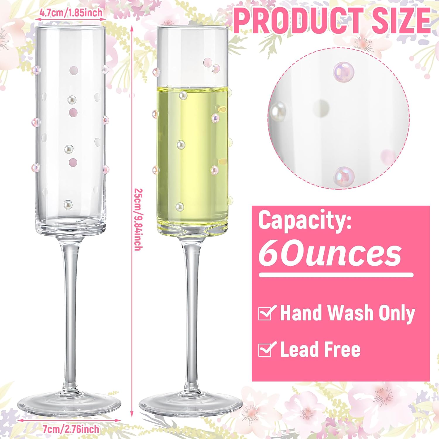 2 Pcs Pearl Wedding Champagne Flutes with Faux Pink and White Pearl 6 oz Clear Glass Long Stem Bride and Groom Toasting Glass for Bridal Shower, Wedding, Engagement, Anniversary for Couples