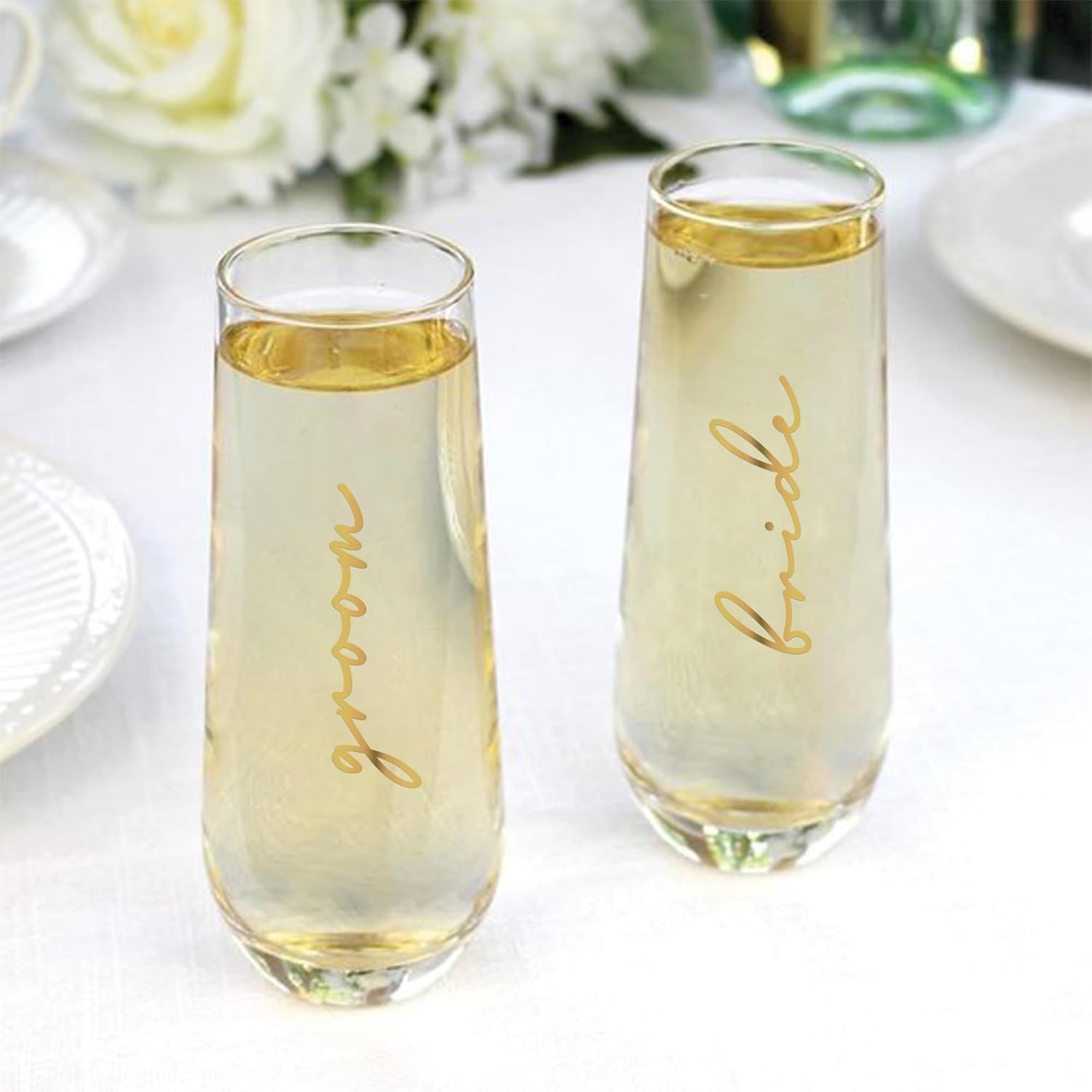 LADY&HOME Bride and Groom Stemless Champagne Flutes Set of 2, 10oz Mr and Mrs Champagne Glasses for Wedding Newlyweds Engagement(Bride and Groom)