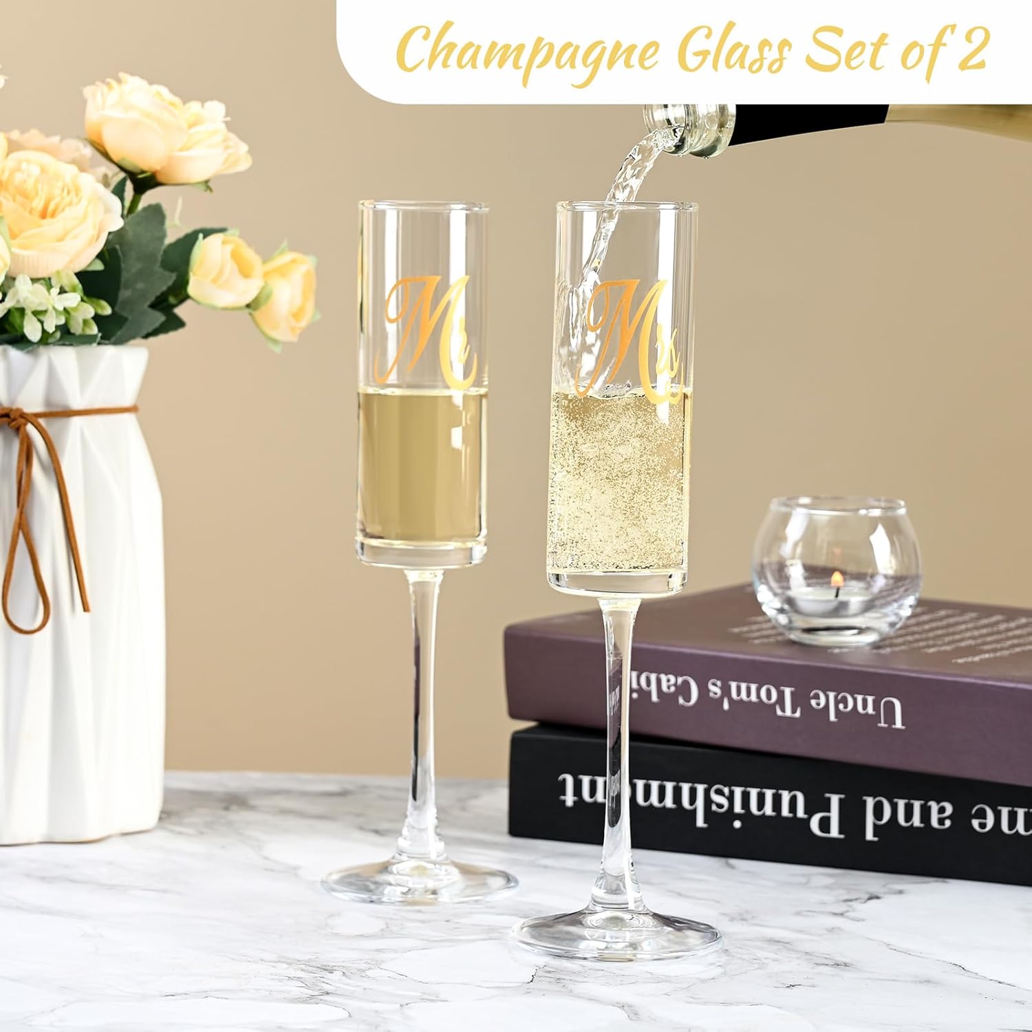 Mr and Mrs Champagne Flutes, Wedding Champagne Flutes Glass 7 oz, Straight Champagne Glasses Set of 2, Bride and Groom Champagne Glasses, Mr and Mrs Gifts, Wedding Gifts
