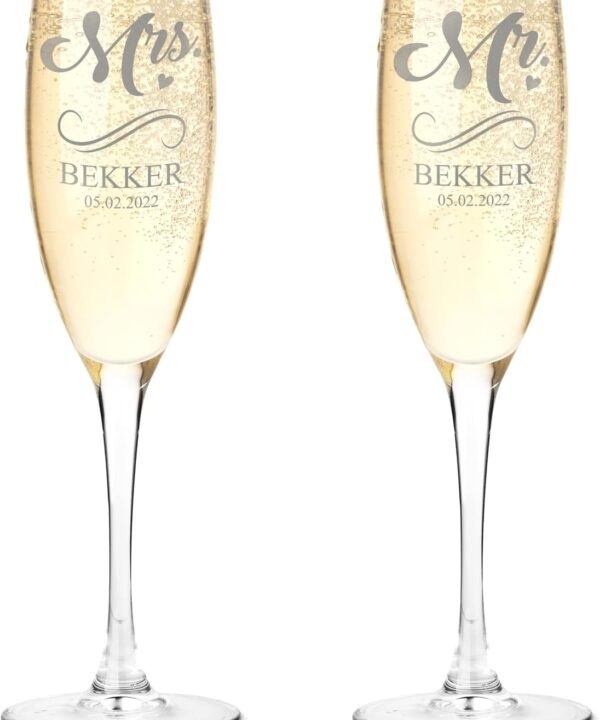 Gifts Inscribed Personalized Champagne Glasses Set of 2 Engraved Mr and Mrs Champagne Flutes Custom Stemmed Glassware Gift for Wedding, Engagement, Anniversary, Bridal Party