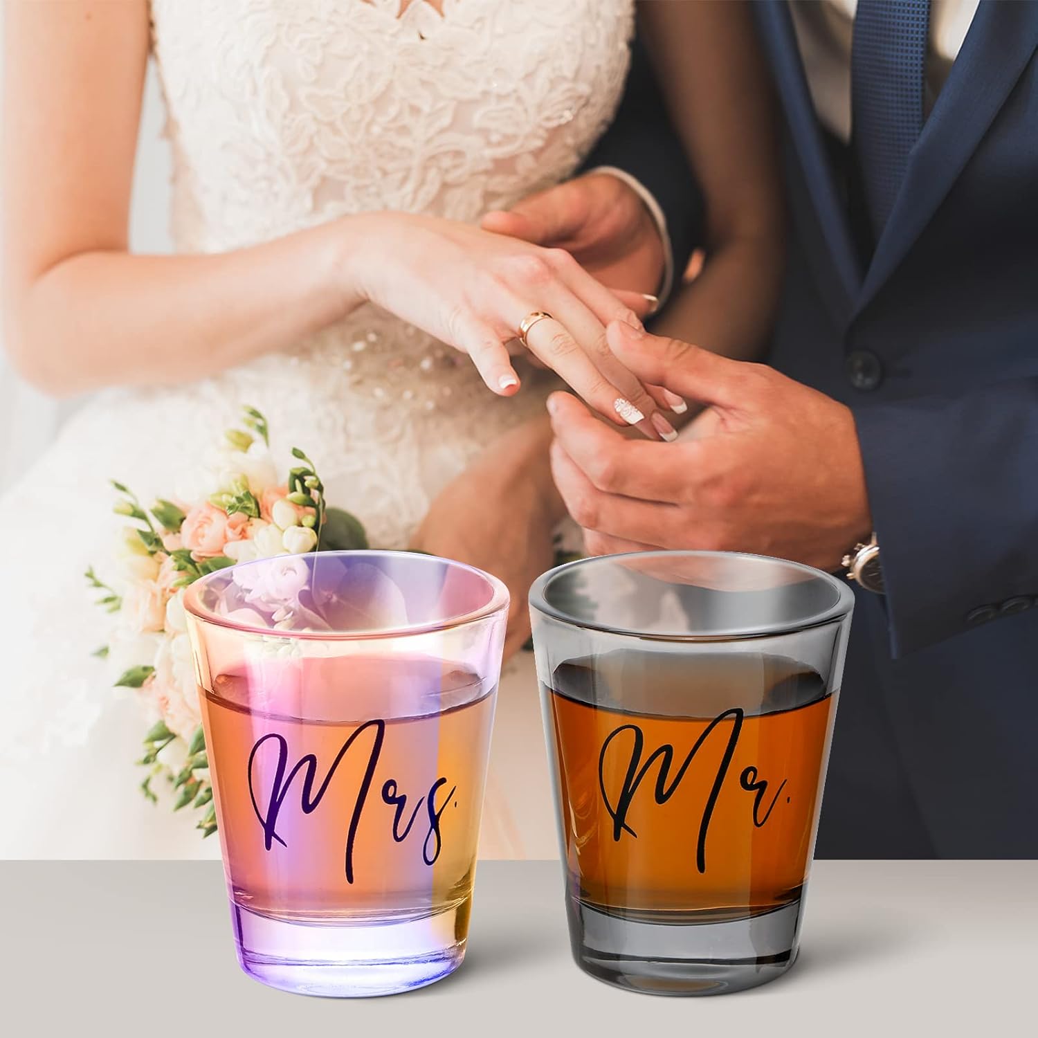 Sumind 2 Pcs Mr and Mrs Bride and Groom Wedding Wine Glasses Funny Bride 2 oz Mr and Mrs Engagement Gift Stemless Wine Glass for Newlyweds Couples(Black Lettering)