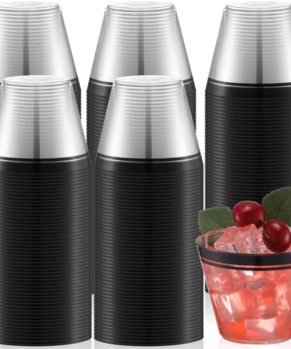 Skylety 100 Pcs Plastic Wine Cups 9 oz Disposable Clear Drinking Cup Wine Glasses Wedding Drinking Tumblers Plastic Cocktail Glasses for Halloween Christmas Graduation Birthday Bridal Party(Black)
