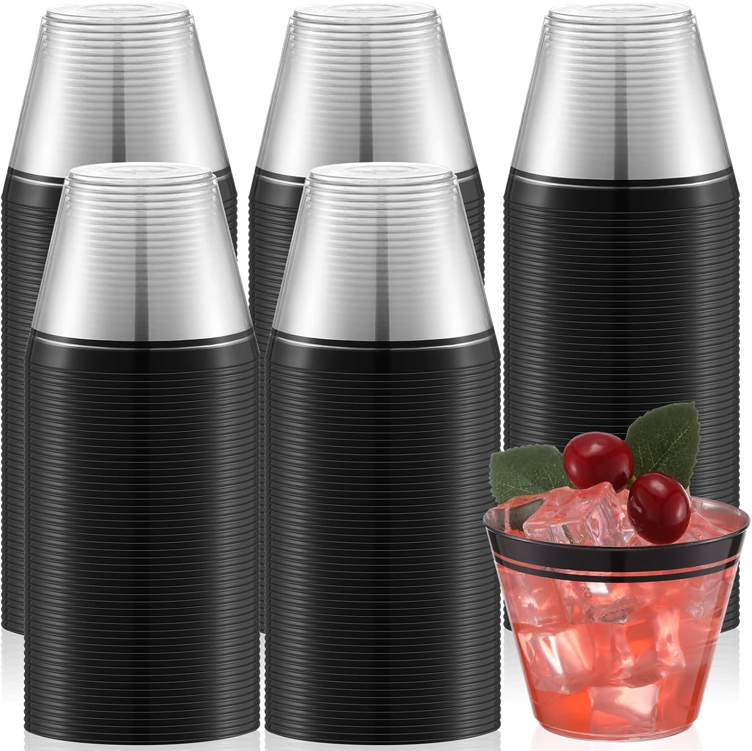 Skylety 100 Pcs Plastic Wine Cups 9 oz Disposable Clear Drinking Cup Wine Glasses Wedding Drinking Tumblers Plastic Cocktail Glasses for Halloween Christmas Graduation Birthday Bridal Party(Black)