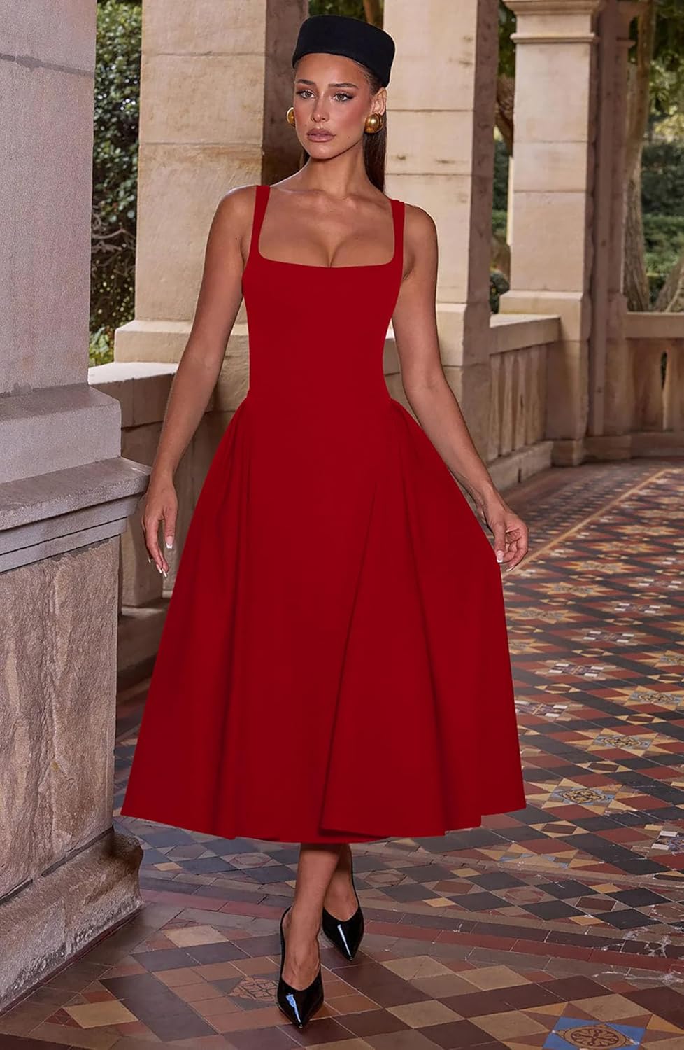 Memoriesea Women’s Elegant Square Neck Swing A Line Wedding Evening Party Midi Dress