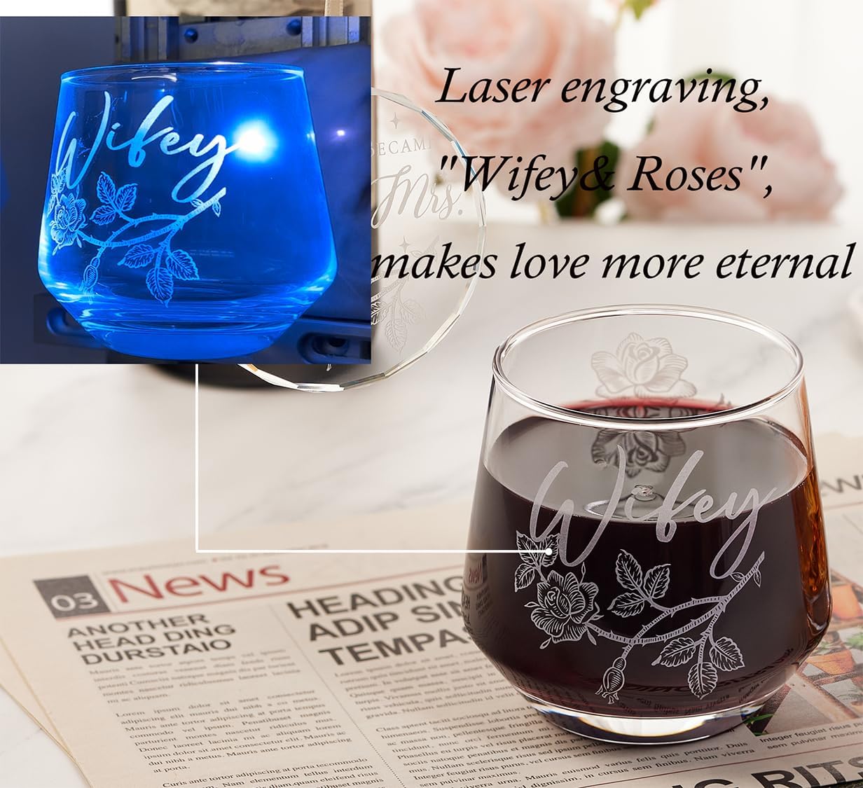 Laser engraving Wedding Gifts for Couples His and Hers Whiskey & Wine Glasses with Glass Ornament | Perfect Bridal Shower, Engagement Gifts for Hubby and Wifey