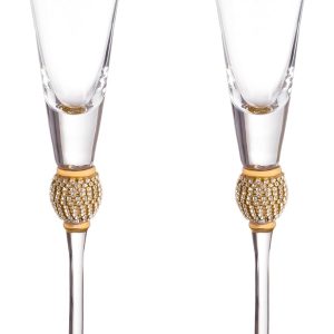 Trinkware Wedding Champagne Flutes - Rhinestone "DIAMOND" Studded Toasting Glasses With Gold Rim - Long Stem, 7oz, 11-inches Tall - Elegant Glassware And Stemware - Set of 2 For Bride And Groom