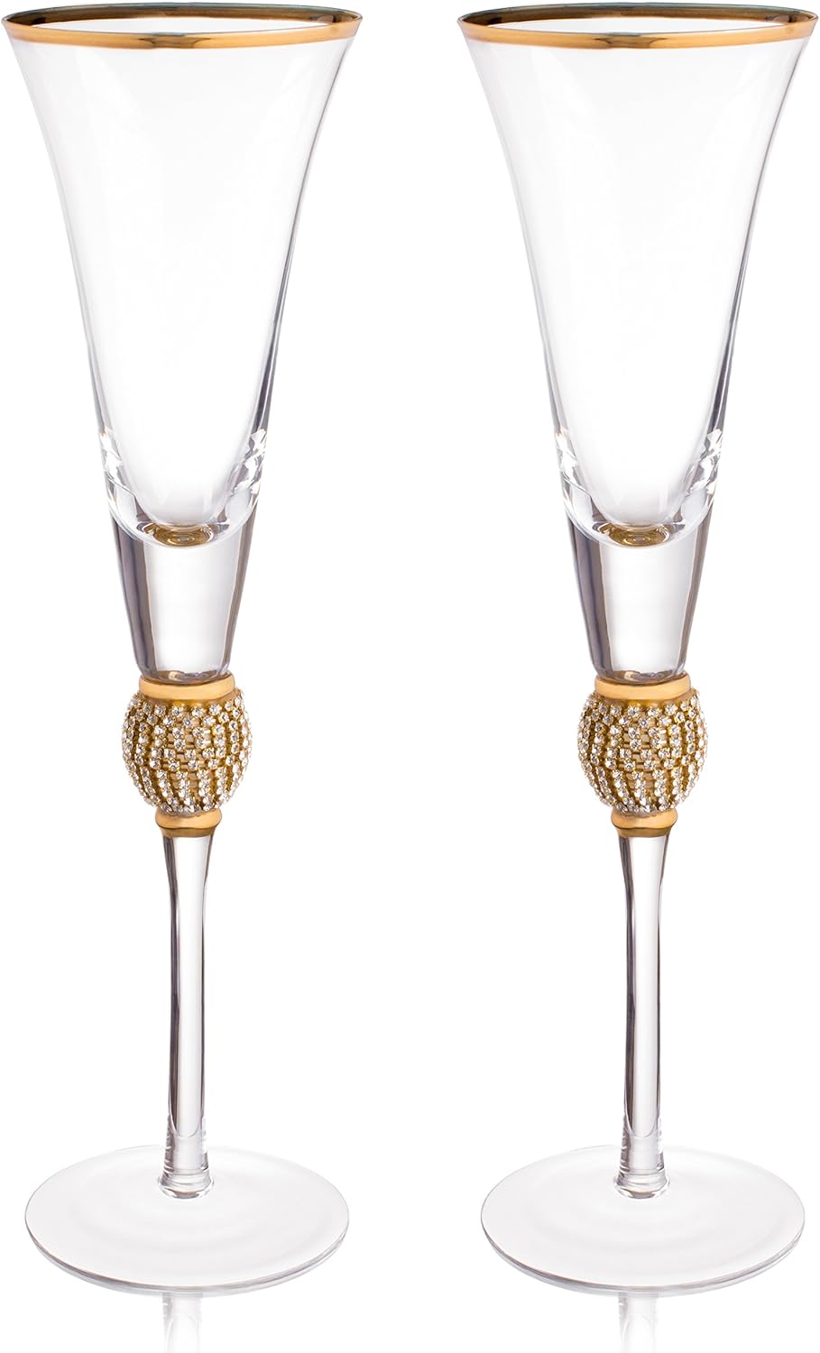 Trinkware Wedding Champagne Flutes - Rhinestone "DIAMOND" Studded Toasting Glasses With Gold Rim - Long Stem, 7oz, 11-inches Tall - Elegant Glassware And Stemware - Set of 2 For Bride And Groom