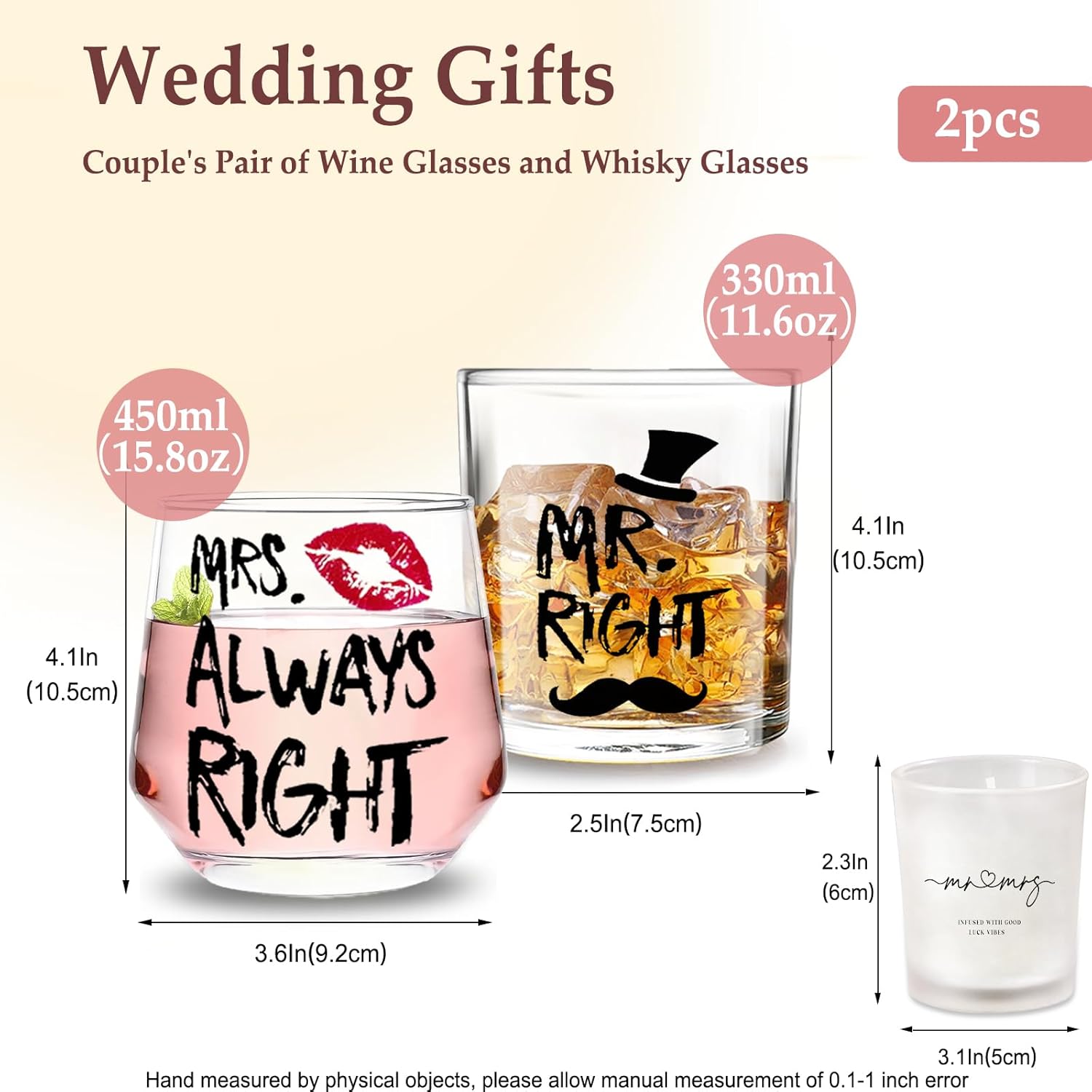 Mr. Right & Mrs. Always Right Whiskey & Wine Glasses – Funny Couple Gifts for Wedding, Anniversary, Valentine’s Day