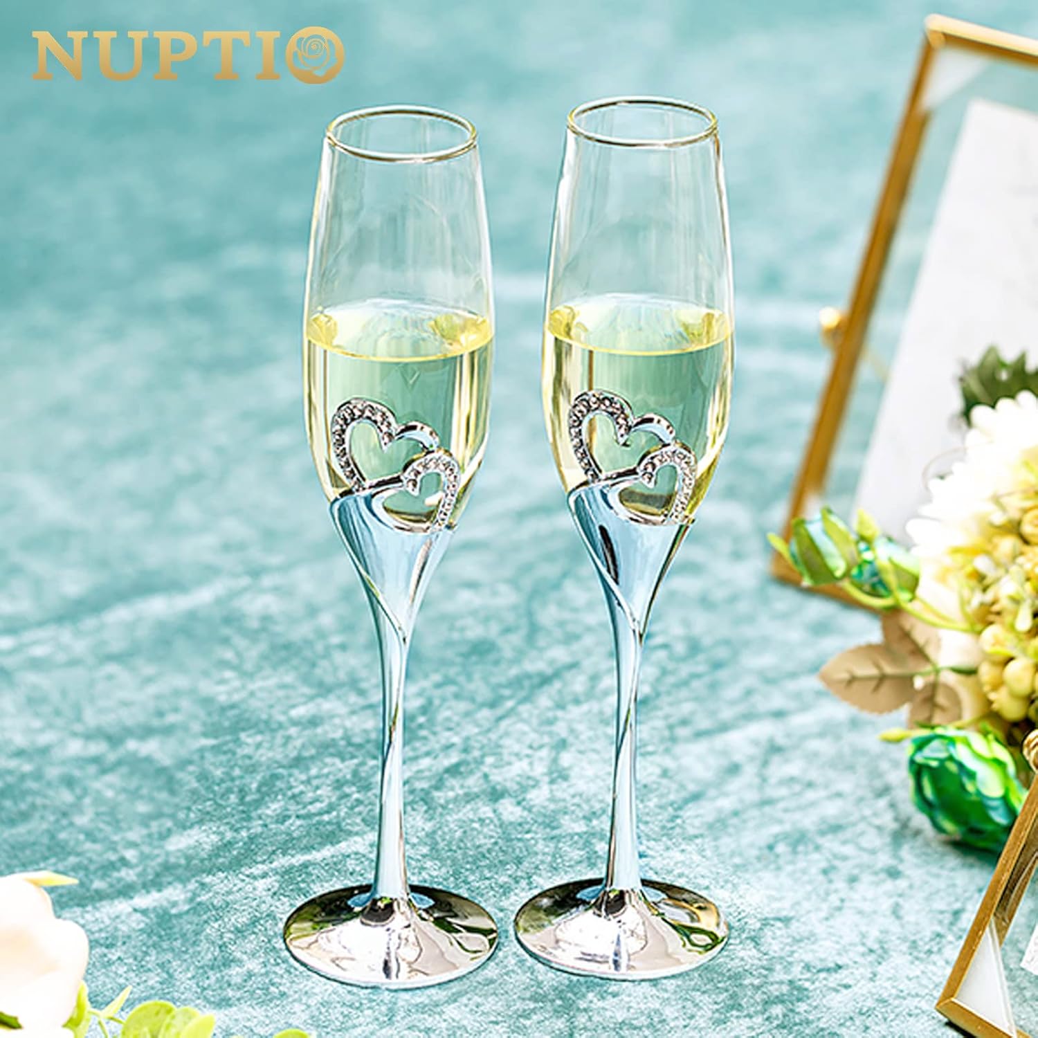 NUPTIO Champagne Flutes Glasses Wedding: Champagne Flute with Wooden Gift Box Crystal Prosecco Glass Set of 2, Silver Gift Set for Engagement Toasting Anniversary Party Bridal Showers