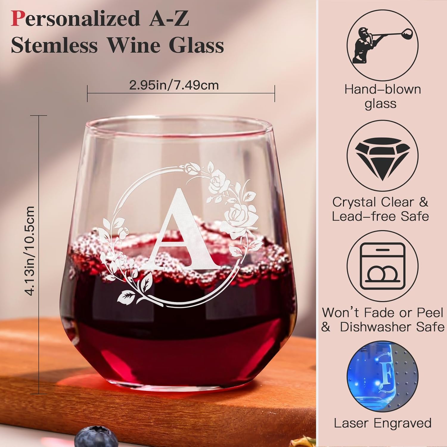Personalized Stemless Wine Glass Custom Engraved Monogrammed Initial GlassesBridal Shower, Birthday, Wedding, or Engagement Gift for Women Her-A