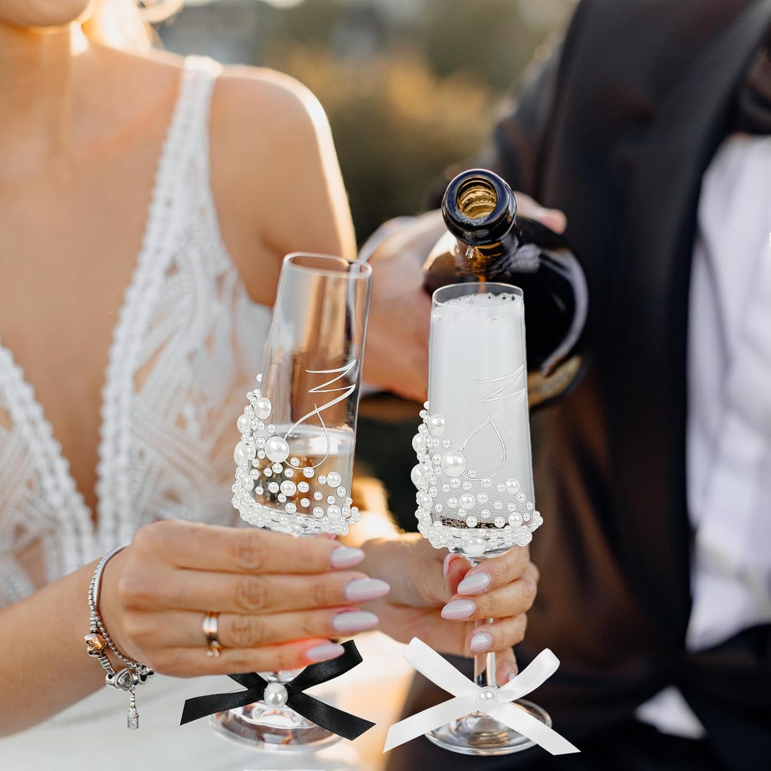 Wedding Toasting Flutes and Cake Server Set of 4 – Champagne Glasses and Knife Server Set, Bride and Groom Wine Glasses and Cake Knives Set Gifts for Bridal Shower Anniversary Engagement Chirstmas