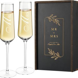 Mr. & Mrs. Champagne Flute Set - Elegant His and Hers Wedding Toasting Glasses for Celebrations, Bridal Shower Wedding Registry Gifts, Tall Wine Glasses for Bride and Groom