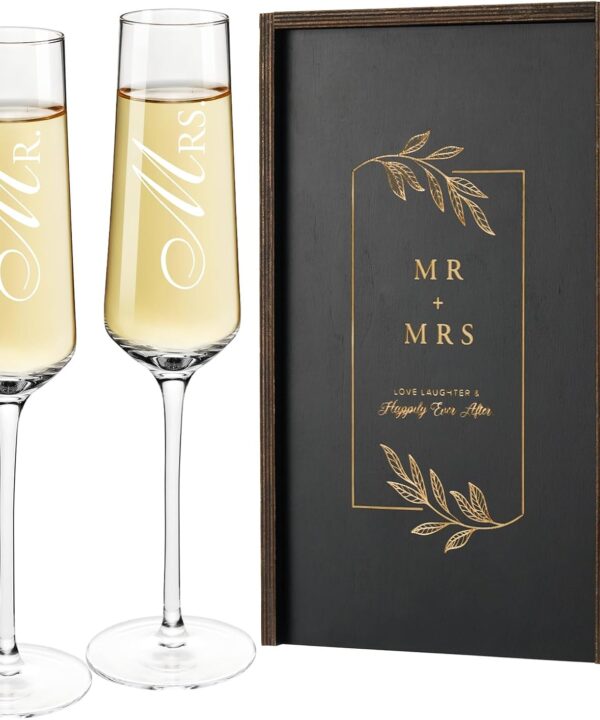 Mr. & Mrs. Champagne Flute Set - Elegant His and Hers Wedding Toasting Glasses for Celebrations, Bridal Shower Wedding Registry Gifts, Tall Wine Glasses for Bride and Groom