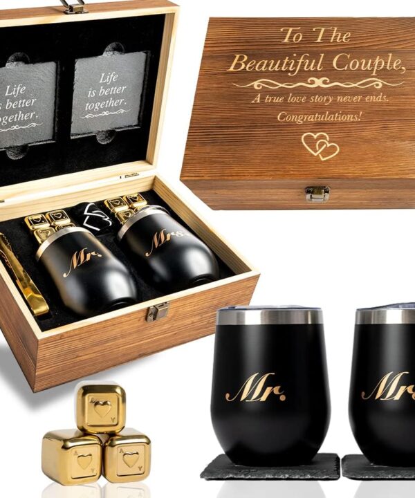 Unique Gifts for Couples - Engagement Wine Tumbler Gift Set - To The Beautiful Couple, Bridal Shower Gifts for Her - Wedding Gifts for Couple - Mr and Mrs Tumbler Set