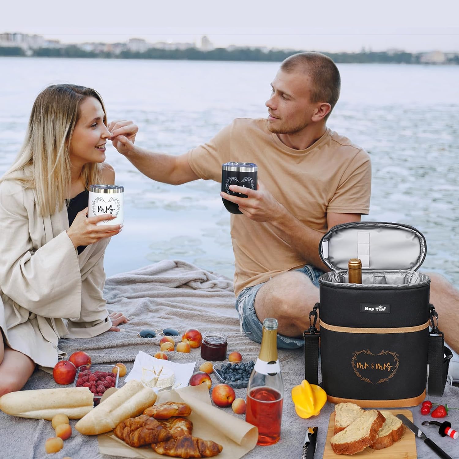 Hap Tim Wedding Gifts for Couples, Bridal Shower Gifts, Engagement Gifts for Newlyweds, Mr and Mrs gifts – Wine Cooler Bag Insulated Wine Carrier Tote with Tumblers, Bamboo Cheese Borad